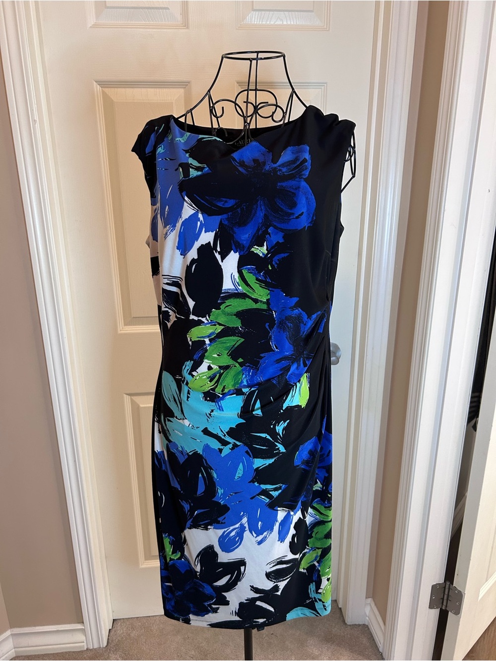Ralph Lauren Black Midi Dress with Blue and Green Floral Print